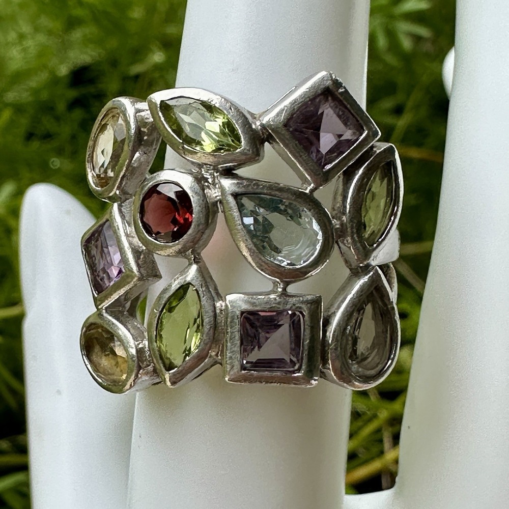 VTG ADI Statement Ring Size 6 Peridot‎ Amethyst Garnet Gems 925 Sterling 9.1g